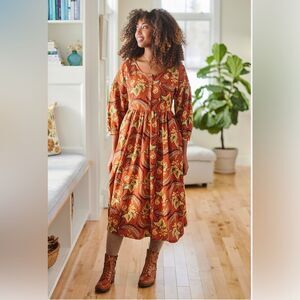 April Cornell Fern Forest midi dress in brown/orange/terracotta